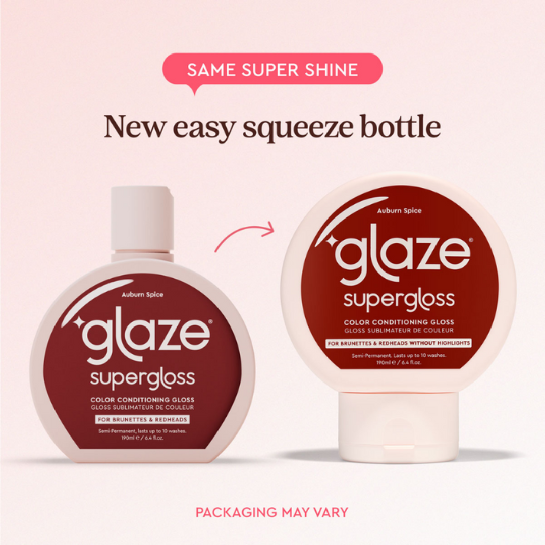 Two bottles of Glaze Supergloss with text about a new easy-squeeze bottle design.
