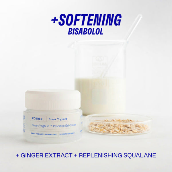 Korres Greek Yoghurt Probiotic Gel Cream with ingredients listed on a white background