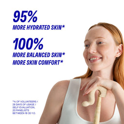 Woman holding a walking stick with text about skin hydration and comfort on a white background