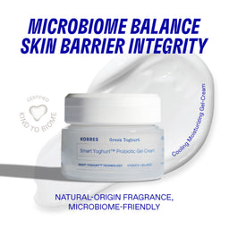 Korres Smart Yoghurt Probiotic Gel-Cream with text about microbiome balance and skin barrier integrity on a white background.