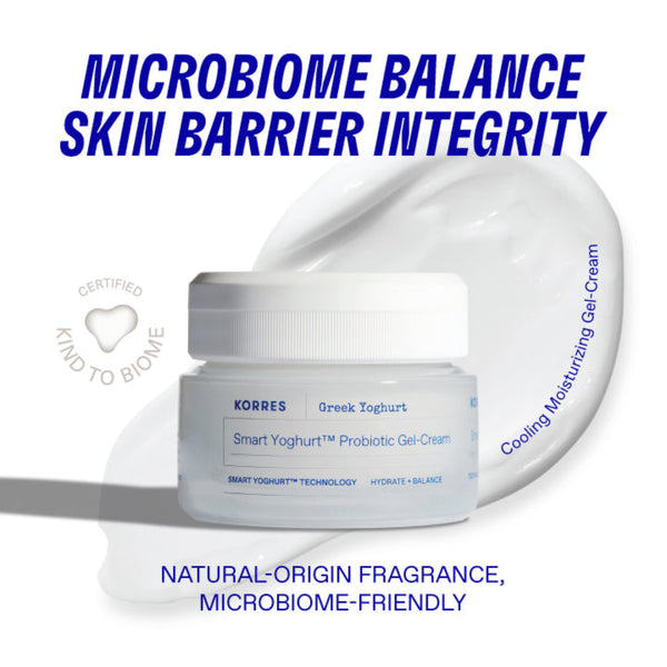 Korres Smart Yoghurt Probiotic Gel-Cream with text about microbiome balance and skin barrier integrity on a white background.