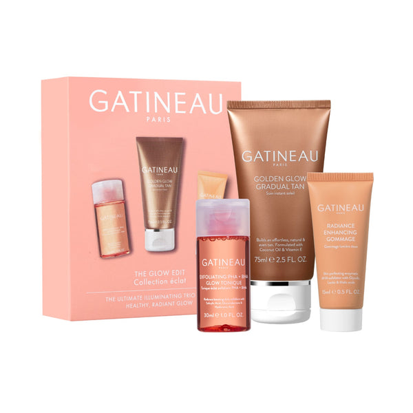 Gatineau skincare product set with bottles and a box on a white background