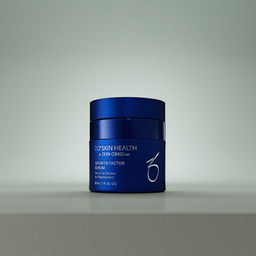 A dark blue cosmetic jar of O'Celeskin Health by Zen-Ohma Growth Factor Serum, centered on a light gray surface against a matching gray background.