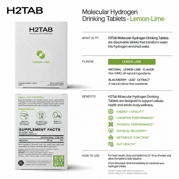 H2TAB Molecular Hydrogen Drinking Tablets in Lemon-Lime flavor, showing the white product box with green and black text, along with flavor and benefits information on a white background.
