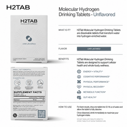 H2TAB Molecular Hydrogen Drinking Tablets - Unflavored product information graphic. The left side shows the front and back of the white supplement box with H2TAB branding and supplement facts.