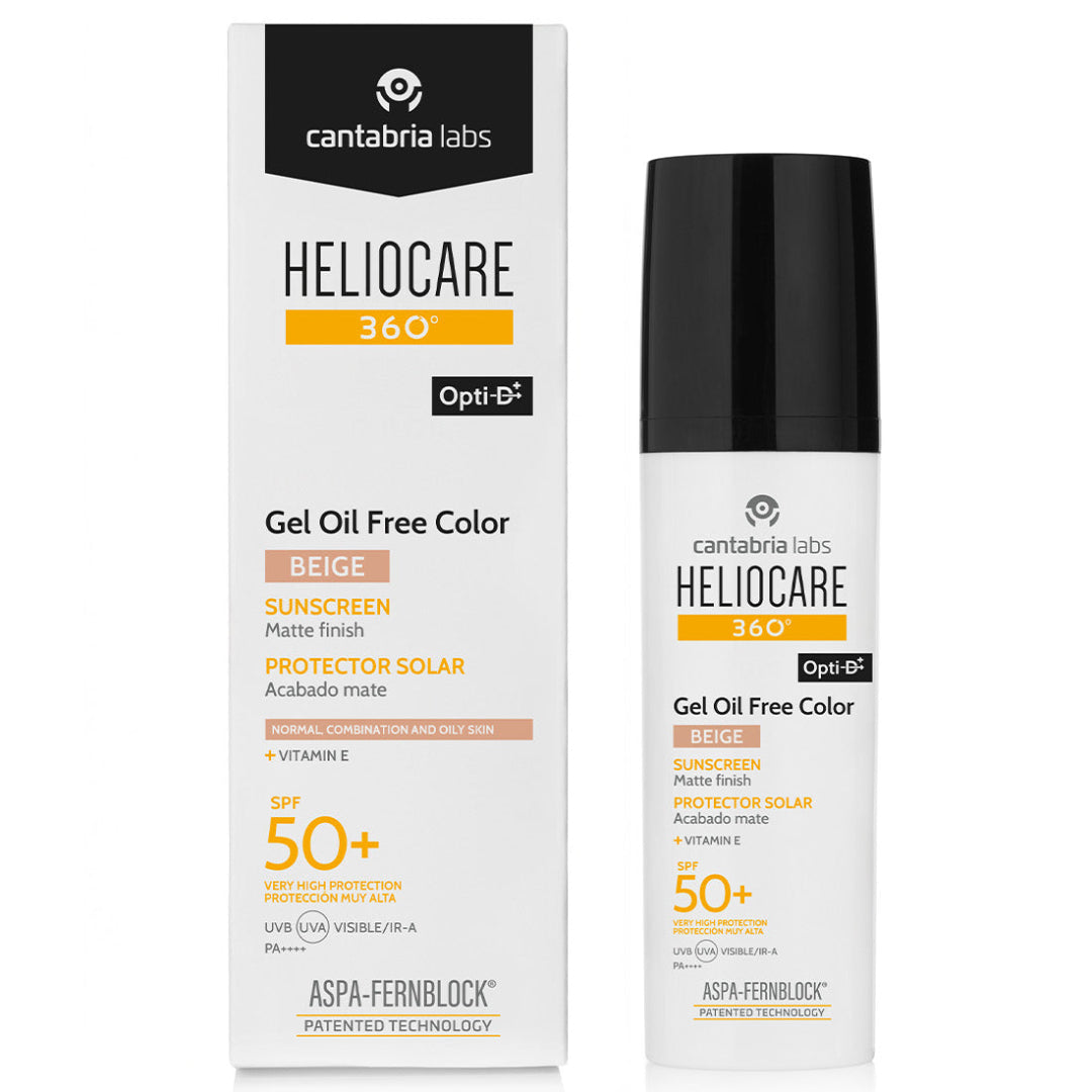 Cantabria Labs Heliocare 360 Gel Oil Free Color sunscreen in Beige shade, showing both the retail box and the pump bottle on a clean white background.