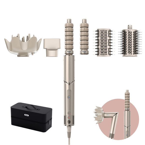 Hair styling tool with multiple attachments on a white background