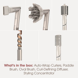 Collection of hair styling tools including Auto-Wrap Curlers, Paddle Brush, Oval Brush, Curl-Defining Diffuser, and Styling Concentrator on a white background.