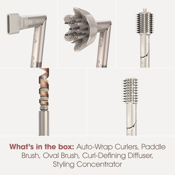 Collection of hair styling tools including Auto-Wrap Curlers, Paddle Brush, Oval Brush, Curl-Defining Diffuser, and Styling Concentrator on a white background.