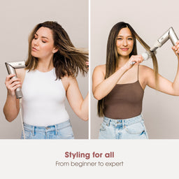 Two women using hair styling tools with text 'Styling for all, From beginner to expert' on a plain background.