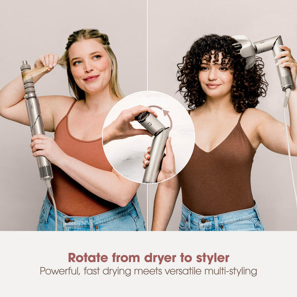 Two women using a dual-purpose hair dryer and styling tool on a plain background.