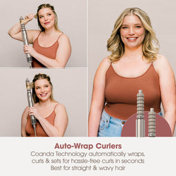 Woman using Auto-Wrap Curlers with product details on a beige background