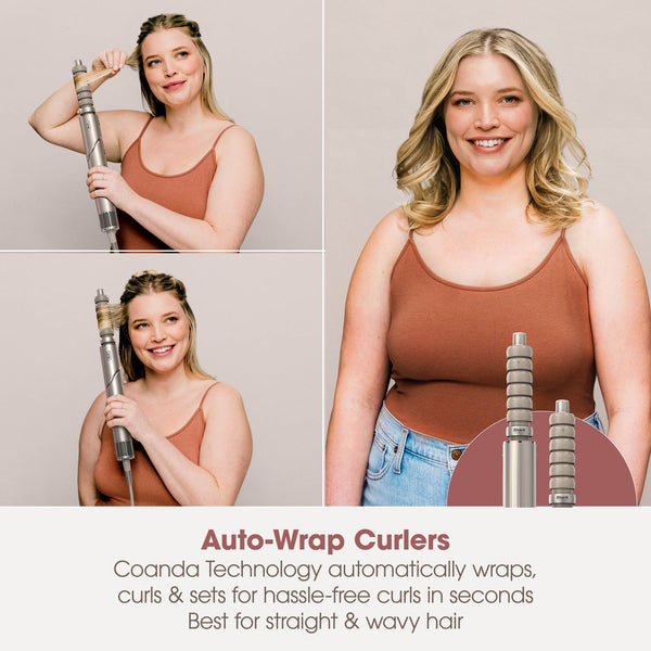 Woman using Auto-Wrap Curlers with product details on a beige background