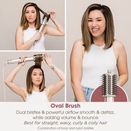 Woman using an oval brush on her hair with text describing its features.