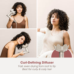 Woman using a curl-defining diffuser with text highlighting its benefits for curly and coily hair.