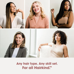 Five women with different hair types posing against a white background, with text below them.