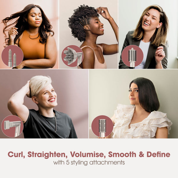 Collage of women using a hair styling tool with text 'Curl, Straighten, Volumise, Smooth & Define with 5 styling attachments'.