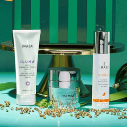 IMAGE Skincare Hydrate and Glow collection image surrounded by Christmas ornaments 