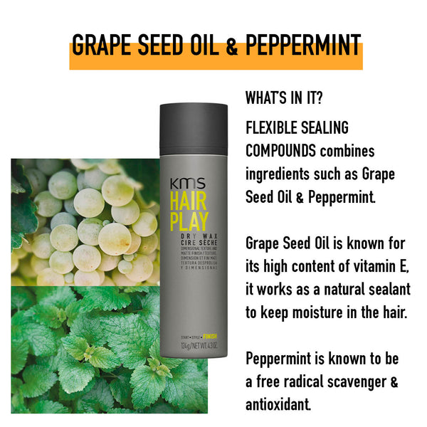 KMS Hair Play product with grape seed oil and peppermint text and images of grapes and peppermint leaves.