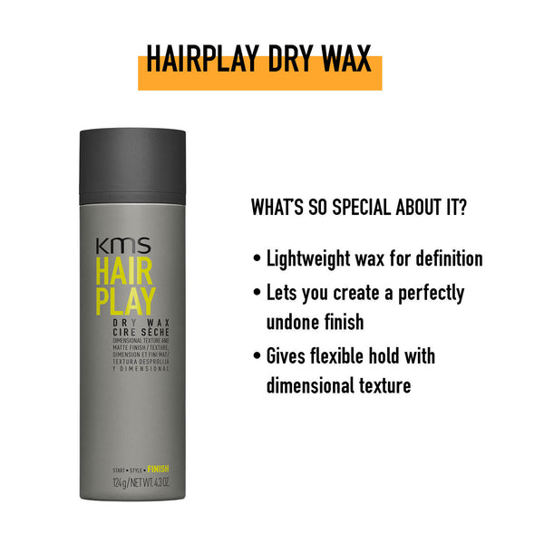 KMS Hair Play Dry Wax bottle with product features on a white background