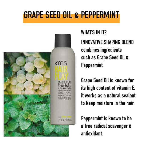 KMS Hair Play product with grape seed oil and peppermint text on a white background