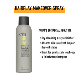 KMS Hair Play Makeover Spray bottle with product description on a white background