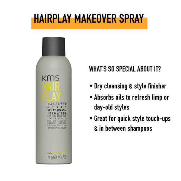 KMS Hair Play Makeover Spray bottle with product description on a white background