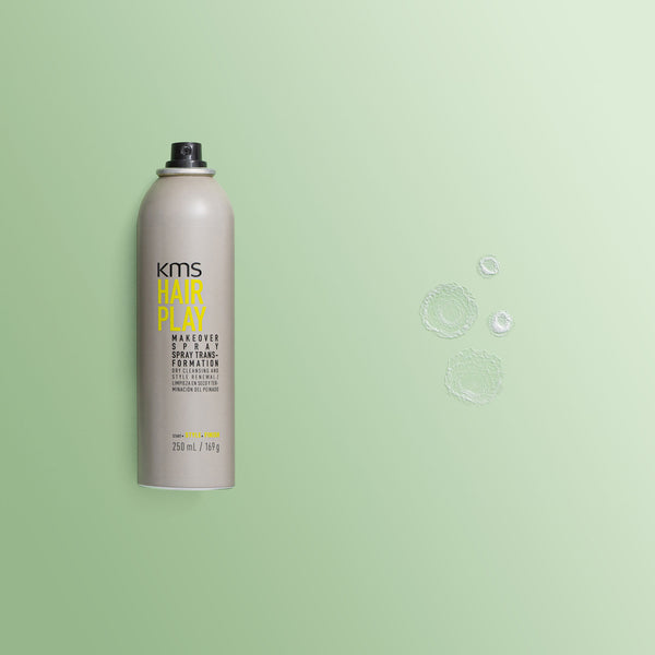 KMS Hair Play spray can on a green background