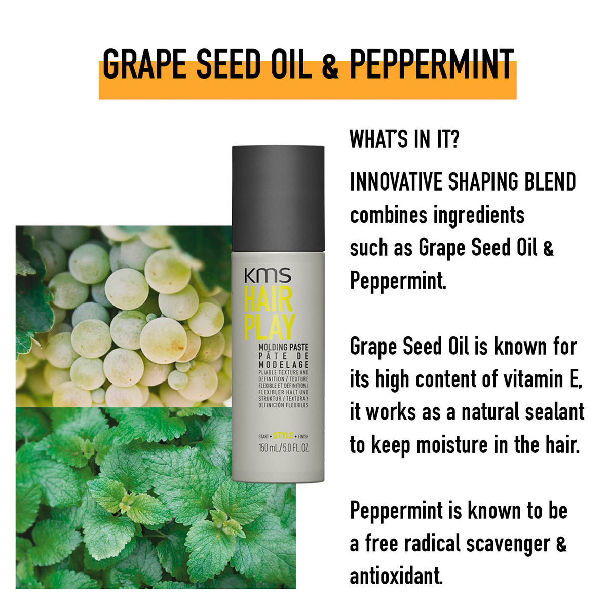 KMS Hair Play product with grape seed oil and peppermint text and images