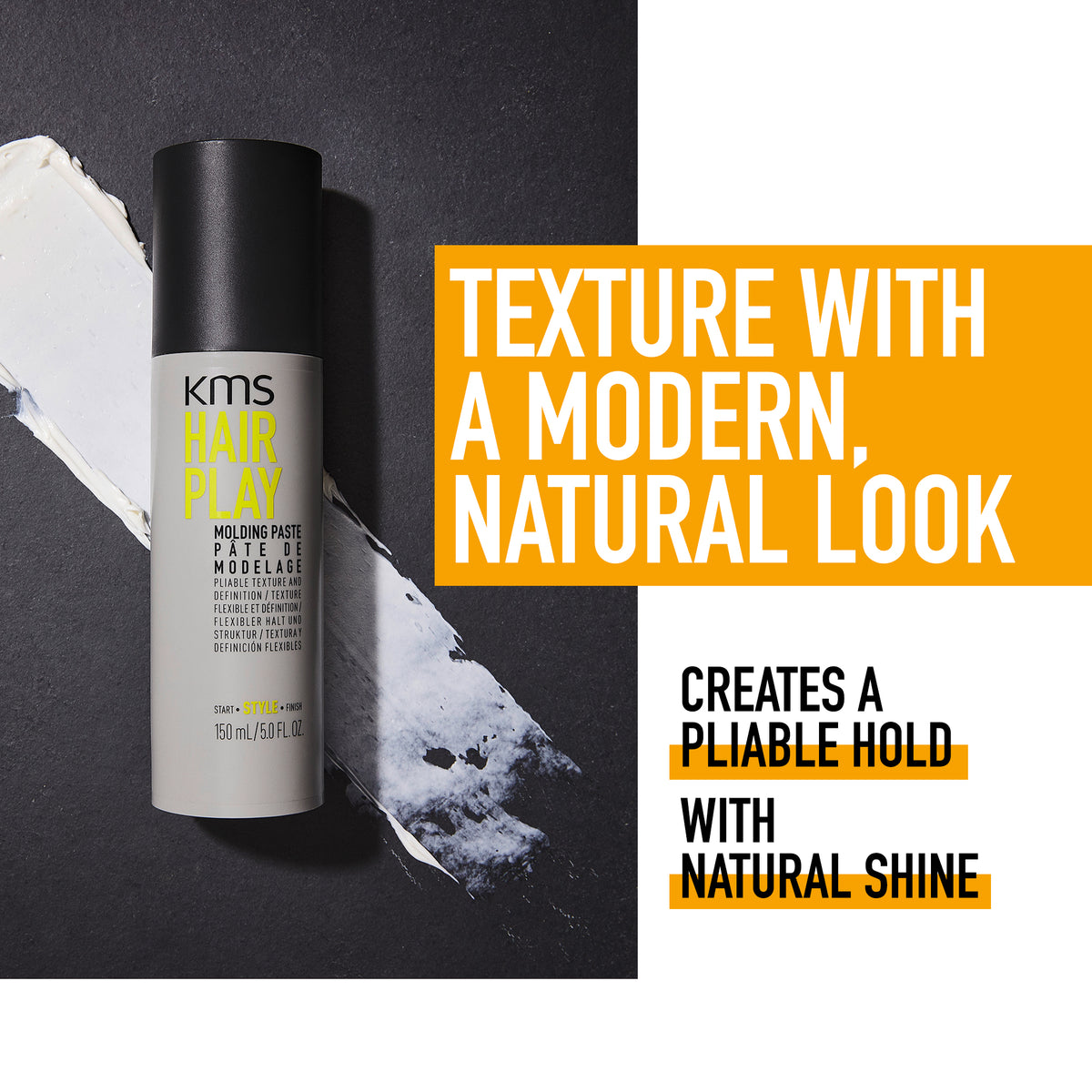 KMS hair product with text on a black and white background