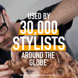 Person styling hair with text about 30,000 stylists globally