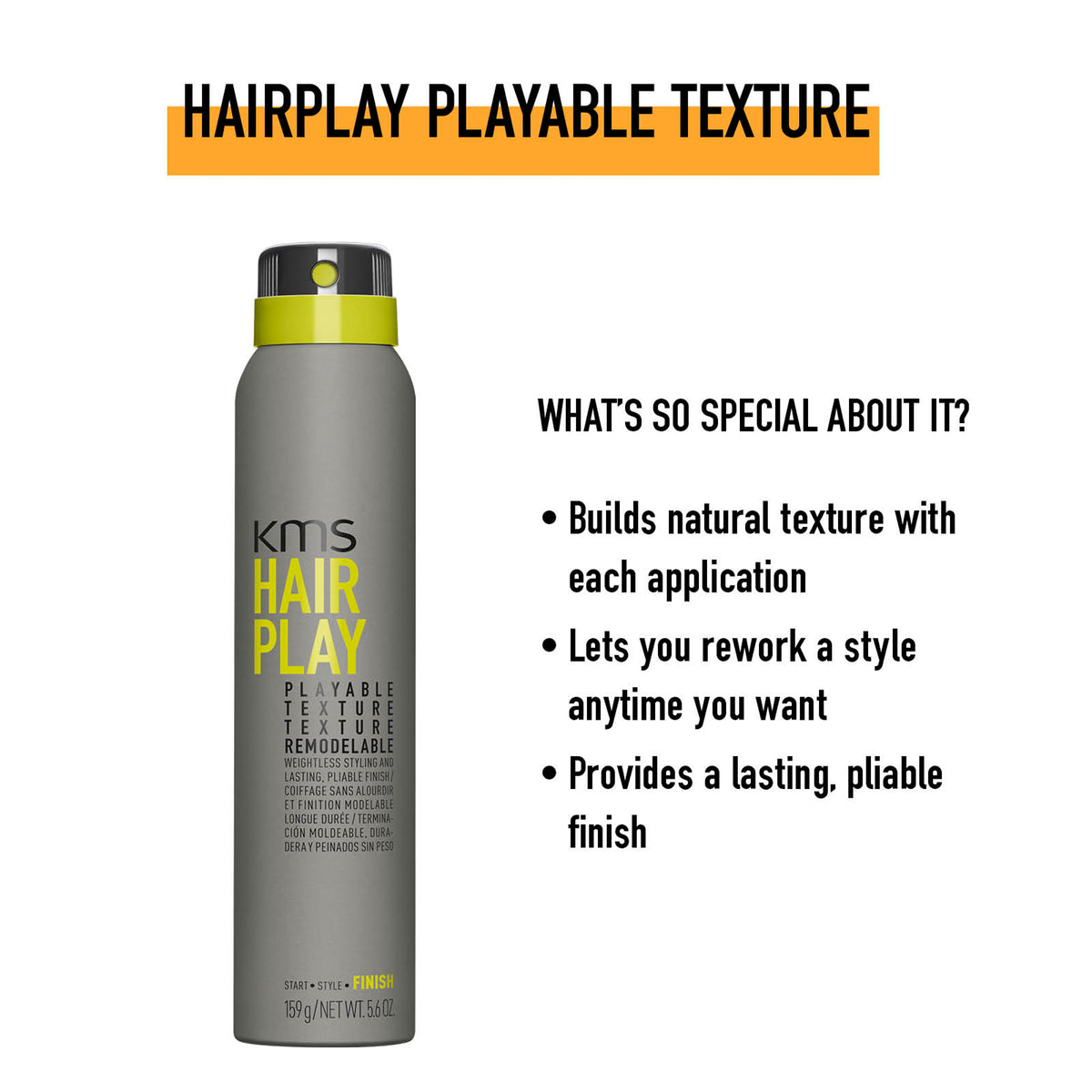 KMS Hair Play Playable Texture spray can with text highlighting features on a white background