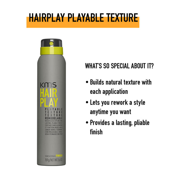 KMS Hair Play Playable Texture spray can with text highlighting features on a white background