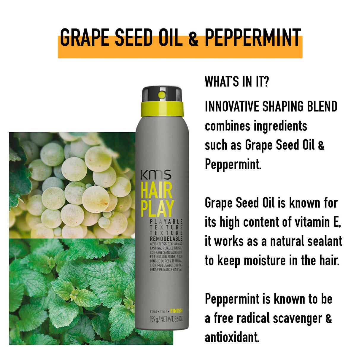 KMS Hair Play product with grape seed oil and peppermint text and images on a white background