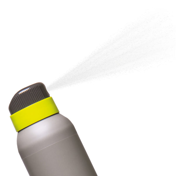Gray water bottle with a yellow band on a white background
