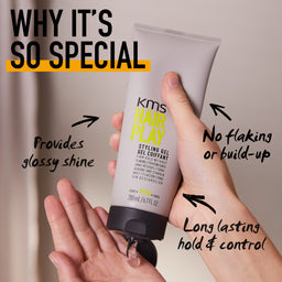 Hand holding a tube of KMS Hair Play styling gel with text highlighting its features.