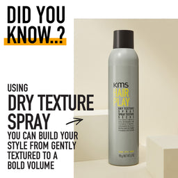 KMS Hair Play dry texture spray bottle with promotional text on a neutral background