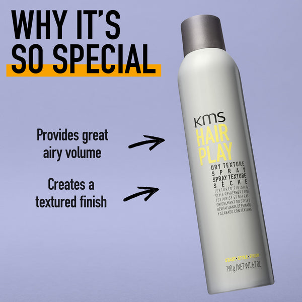 KMS Hair Play spray can with features listed on a purple background