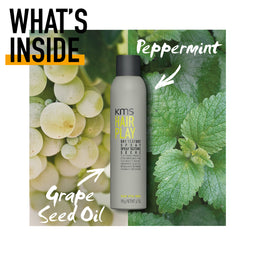 KMS Hair Play product with grape seed oil and peppermint text on a green leaf background