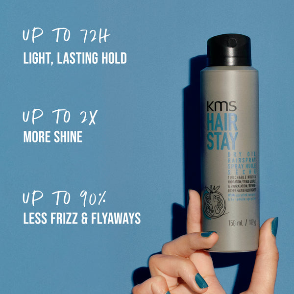KMS Hair Stay product held by a hand with promotional text on a blue background
