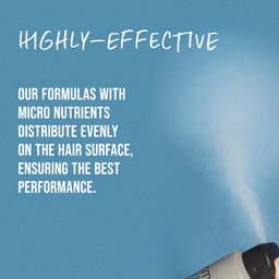 Hair care product with text about micro nutrients and performance on a blue background