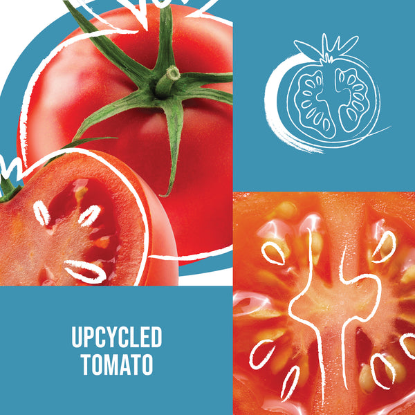 Upcycled tomato design with a whole tomato, half tomato, and tomato cross-section on a blue background.