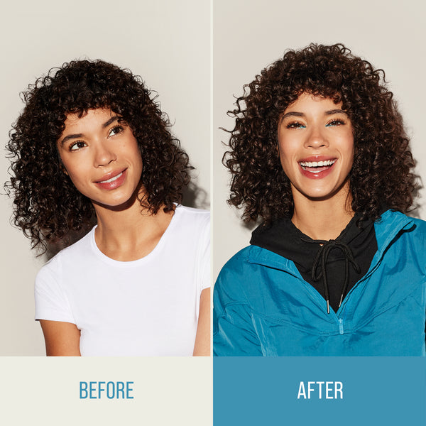 Before and after comparison of a woman with curly hair wearing a white shirt and blue jacket.
