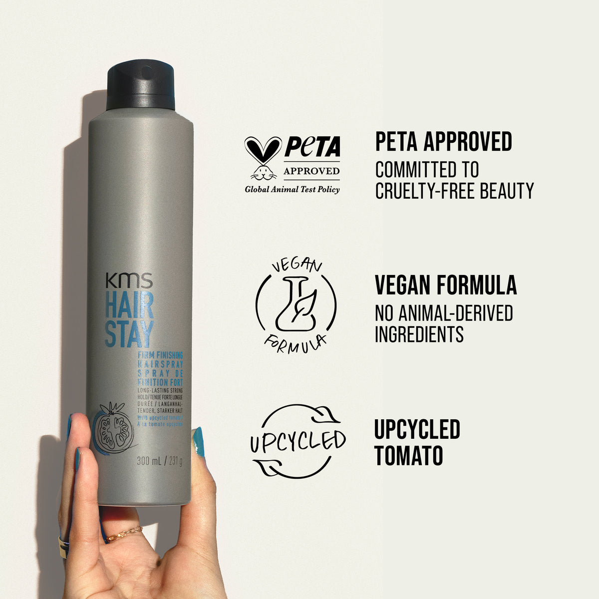 KMS Hair Stay product with PETA approval and vegan formula labels on a white background