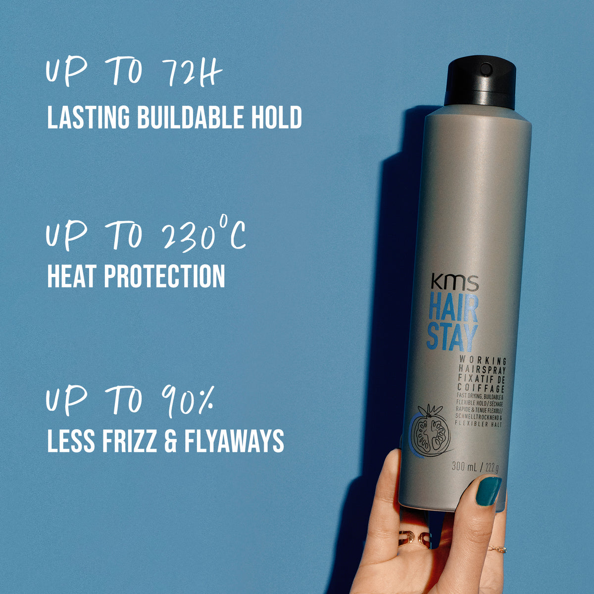 KMS Hair Stay product held by a hand with text on a blue background
