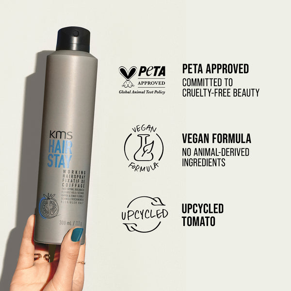 KMS Hair Stay product with PETA approval and vegan formula labels on a light background