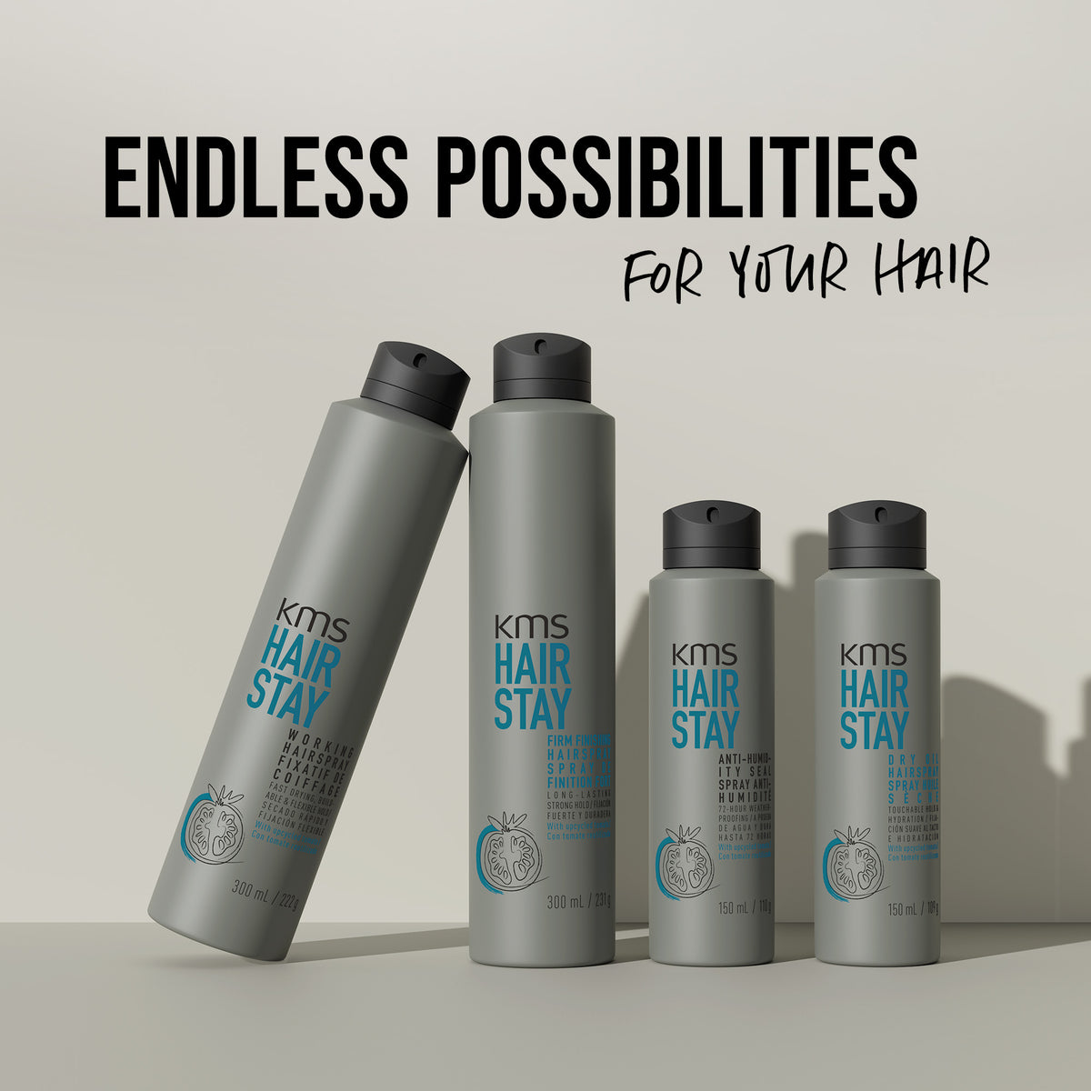 KMS Hair Stay product bottles with 'Endless Possibilities for Your Hair' text on a light background