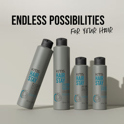 KMS Hair Stay product bottles with 'Endless Possibilities for Your Hair' text on a light background