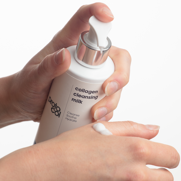 Proto-col Collagen Cleansing Milk being applied to a wrist
