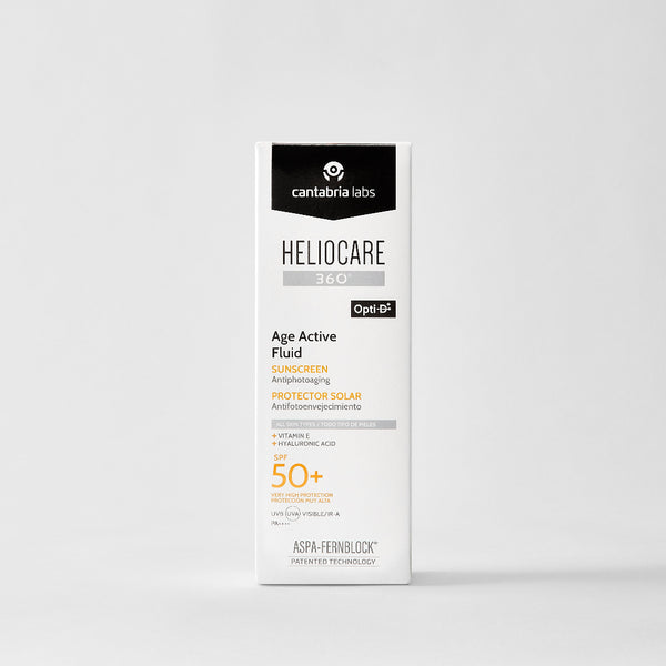 A tall white box of Cantabria Labs Heliocare 360 Age Active Fluid sunscreen SPF 50+ with orange and black text, centered on a light gray background.
